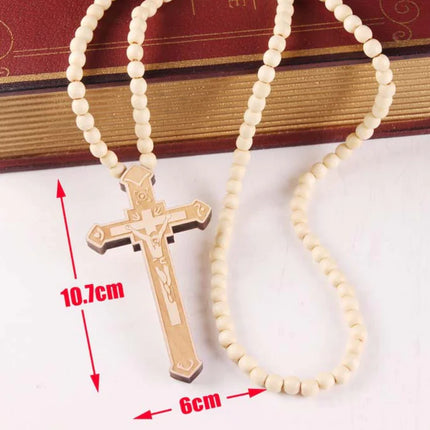 Wooden Bead Necklace with Cross Pendant
