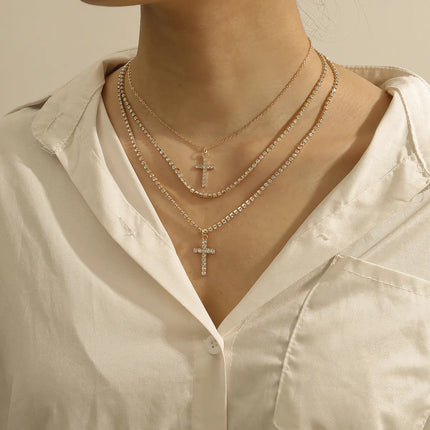 Creative Cross Necklace with Glass Rhinestones Layers