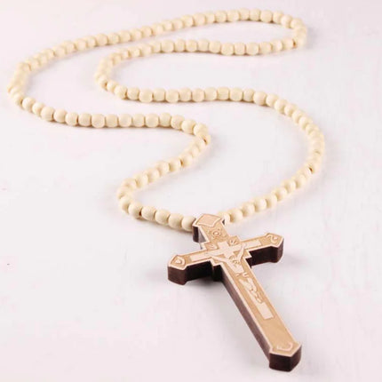 Wooden Bead Necklace with Cross Pendant