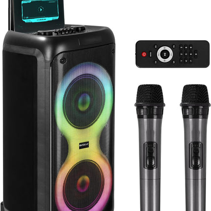 Portable Karaoke Machine with 2 Wireless Mics, Daul 8" Speakers, LED Lights, PA System, Remote, Bass/Treble Adjustment, SD Card/USB, REC Rolling Wheels and Trolley, Auto ducking Function.-0