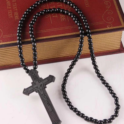 Wooden Bead Necklace with Cross Pendant