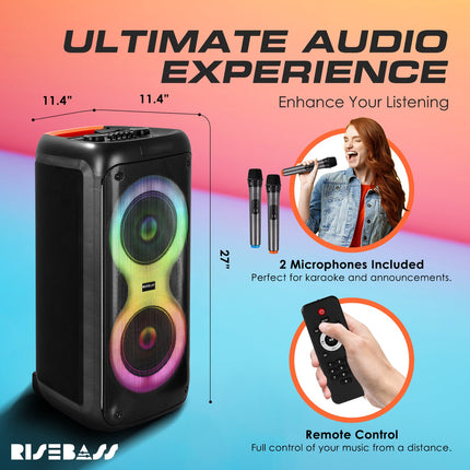 Portable Karaoke Machine with 2 Wireless Mics, Daul 8" Speakers, LED Lights, PA System, Remote, Bass/Treble Adjustment, SD Card/USB, REC Rolling Wheels and Trolley, Auto ducking Function.-3