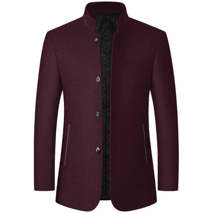 Mens Winter Wool Coat Stand Collar Business Jacket (Wine Red)