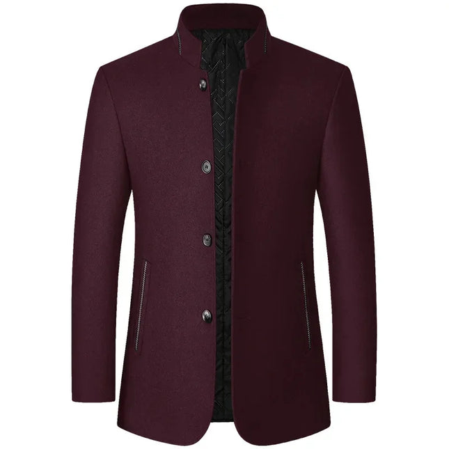 Mens Winter Wool Coat Stand Collar Business Jacket (Wine Red)