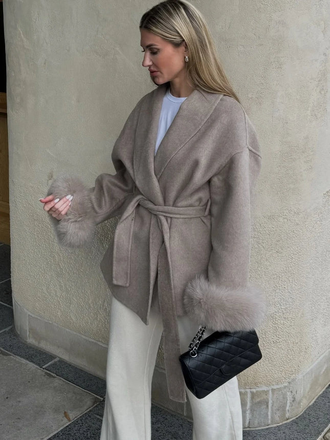 Fur Patchwork Woolen Short Coat Lace‑Up Belted Lapel Jacket (2026 Autumn/Winter)