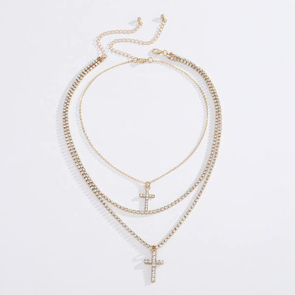Creative Cross Necklace with Glass Rhinestones Layers