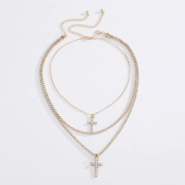 Creative Cross Necklace with Glass Rhinestones Layers