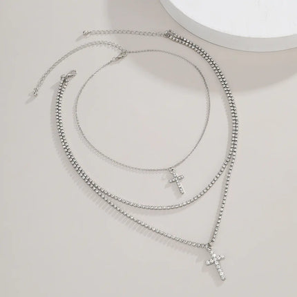 Creative Cross Necklace with Glass Rhinestones Layers