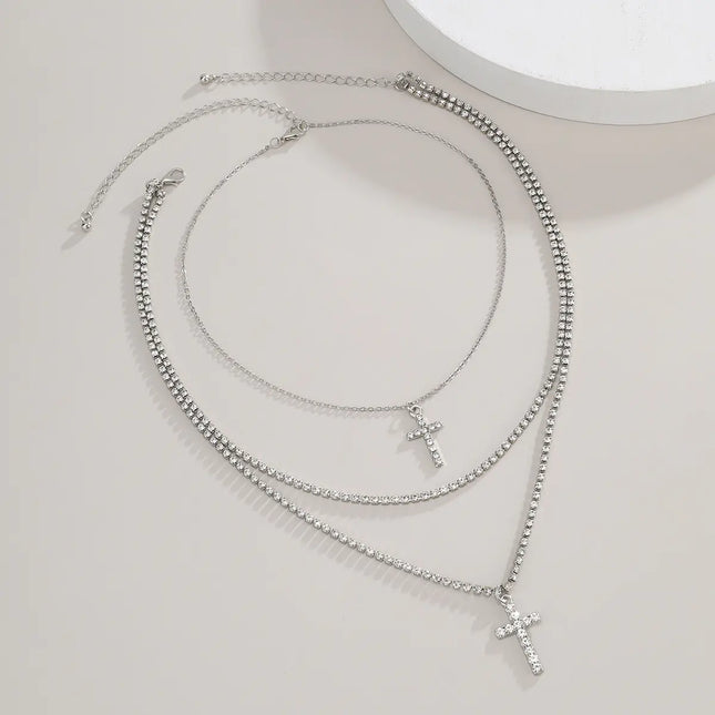 Creative Cross Necklace with Glass Rhinestones Layers