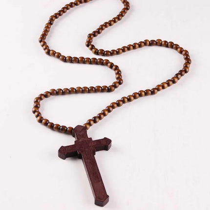 Wooden Bead Necklace with Cross Pendant