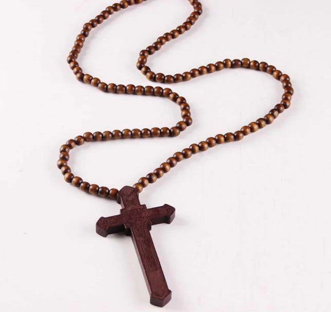 Wooden Bead Necklace with Cross Pendant