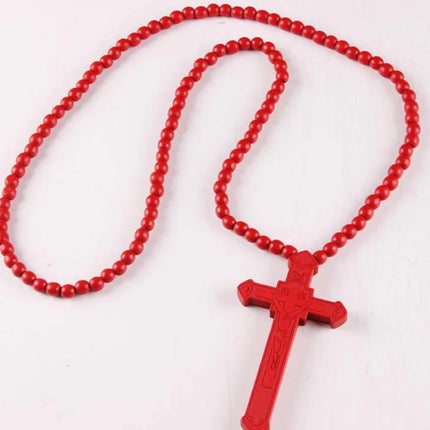 Wooden Bead Necklace with Cross Pendant