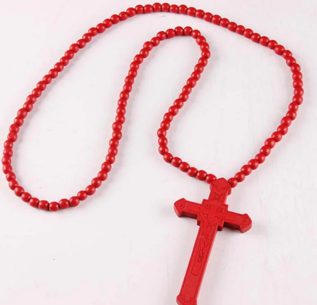 Wooden Bead Necklace with Cross Pendant