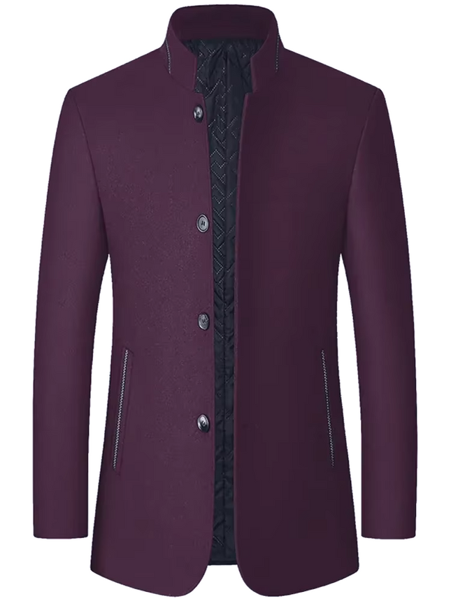 Mens Winter Wool Coat Stand Collar Business Jacket (Wine Red)