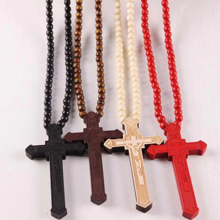 Wooden Bead Necklace with Cross Pendant