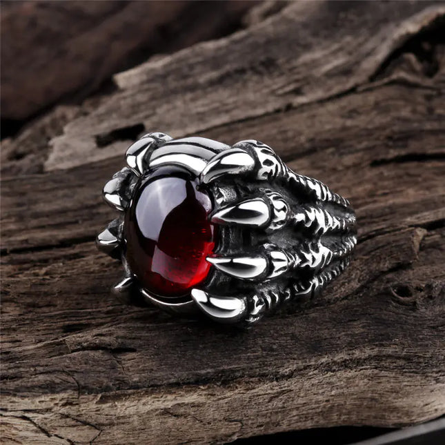 Gothic Dragon Claw Alloy Ring with Black Red Gemstone